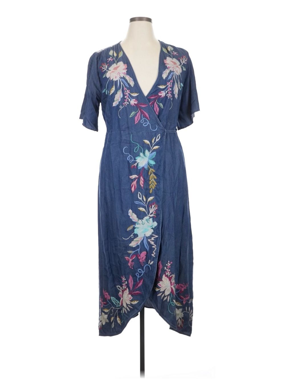 Johnny Was Navy Blue Floral Embroidered Midi Dress